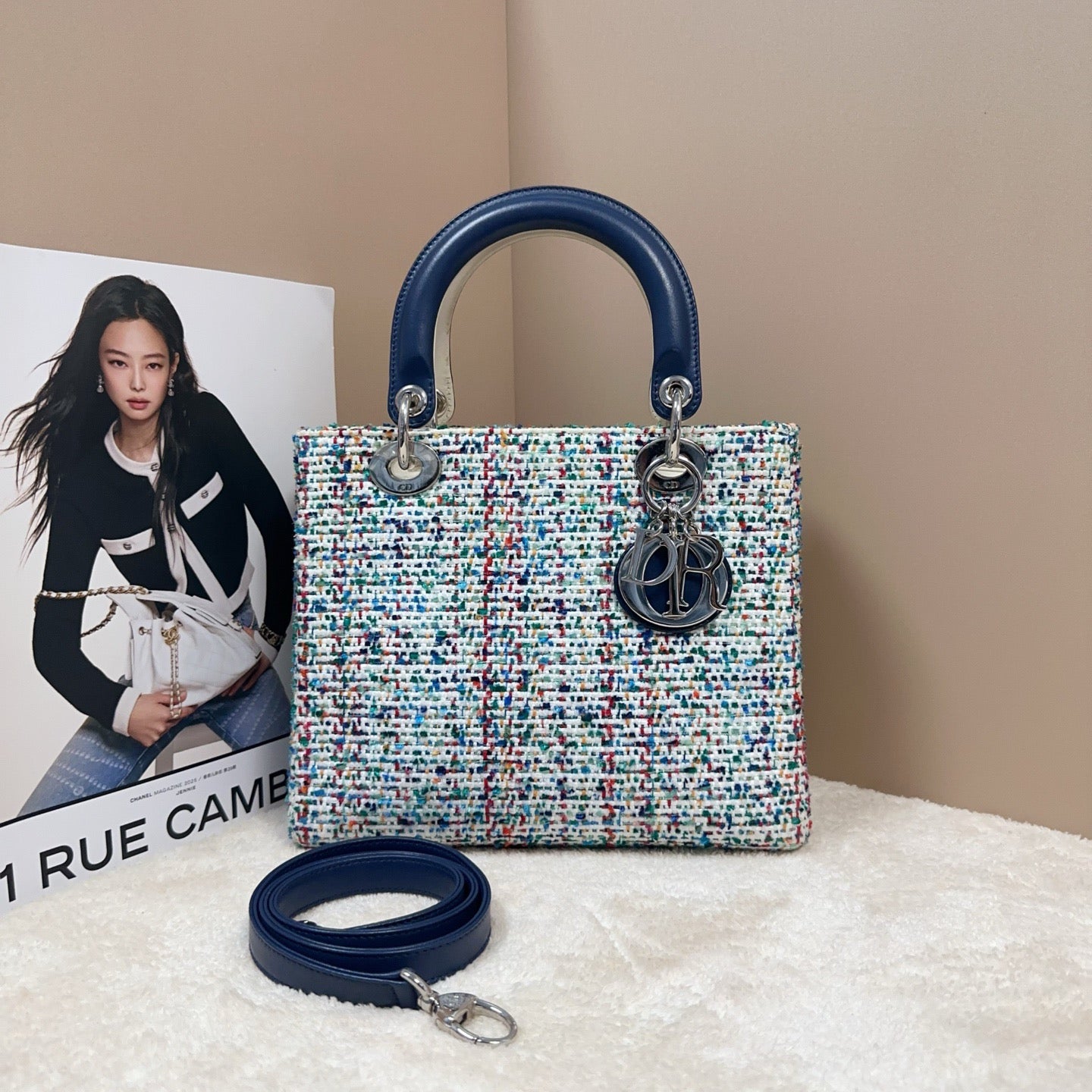 Dior - Lady Dior (Limited Edition Woven) - Tweed and Leather - Multicolour with Navy Accents - (Small)