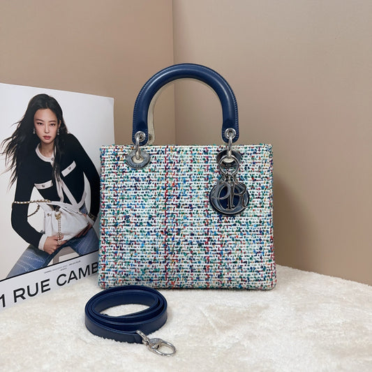 Dior - Lady Dior (Limited Edition Woven) - Tweed and Leather - Multicolour with Navy Accents - (Small)