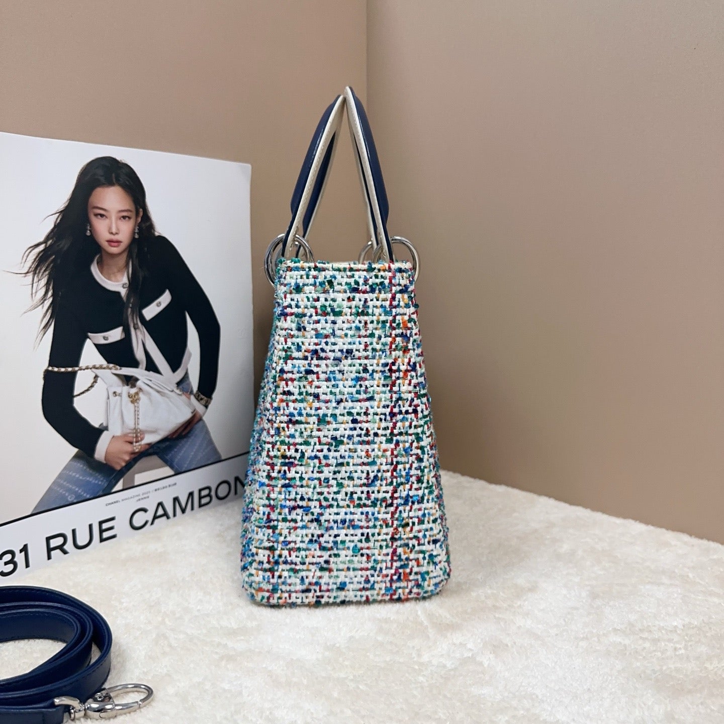 Dior - Lady Dior (Limited Edition Woven) - Tweed and Leather - Multicolour with Navy Accents - (Small)