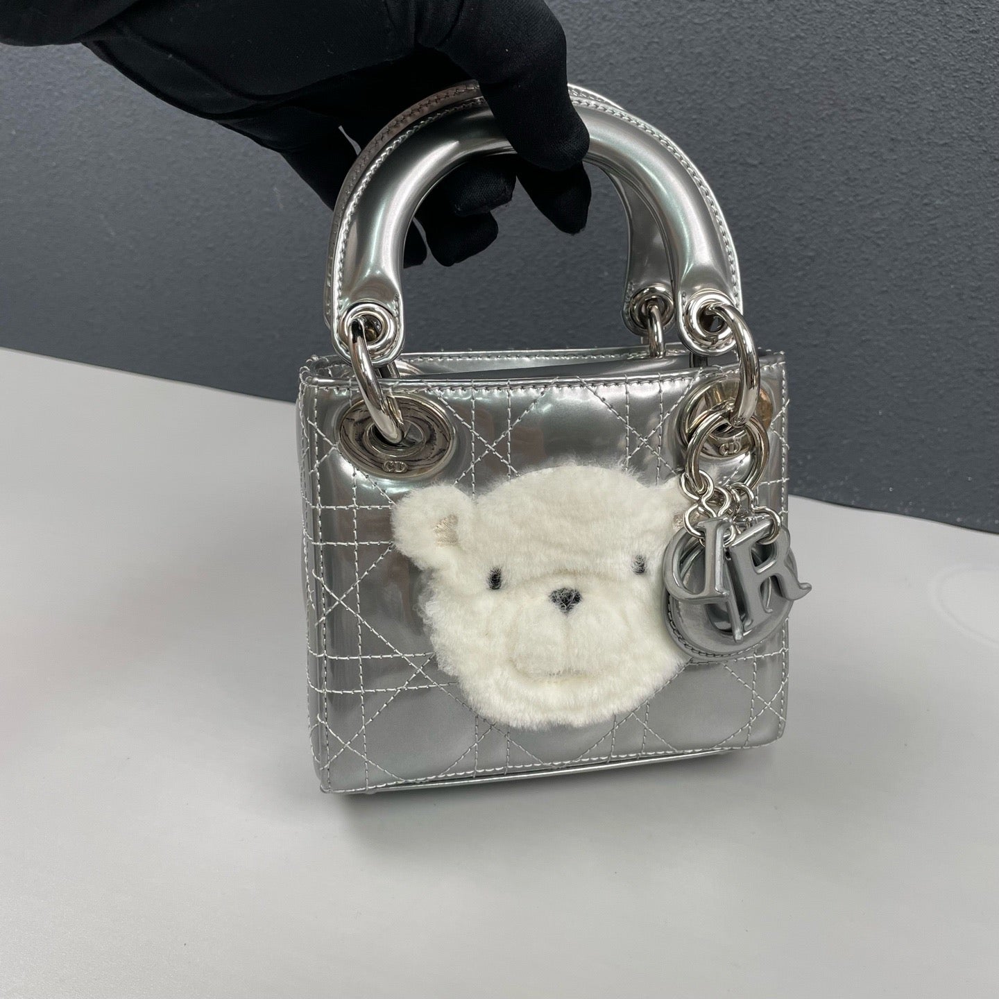 Dior - Lady Dior Mini (Limited Edition Teddy Bear) - Silver patent leather with faux fur applique - Silver - (mini)