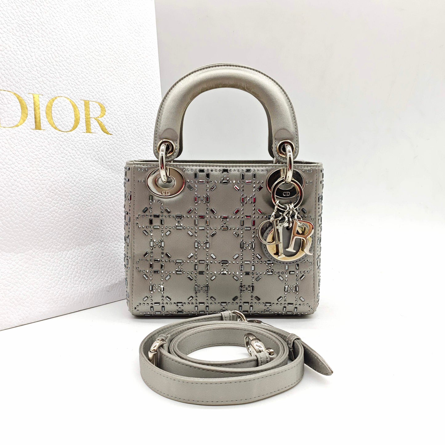 Dior - Lady Dior Mini - Satin with Rhinestone Embellishments - Grey - (mini)