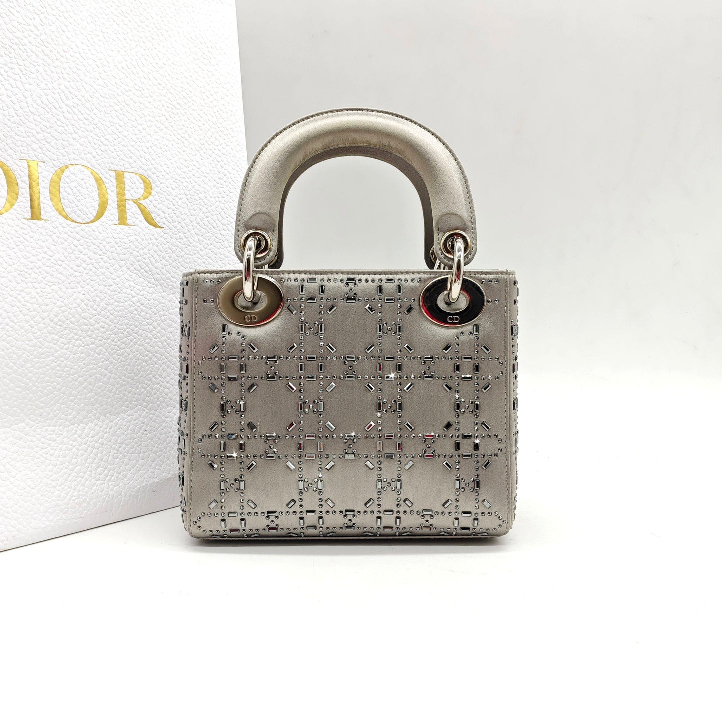Dior - Lady Dior Mini - Satin with Rhinestone Embellishments - Grey - (mini)