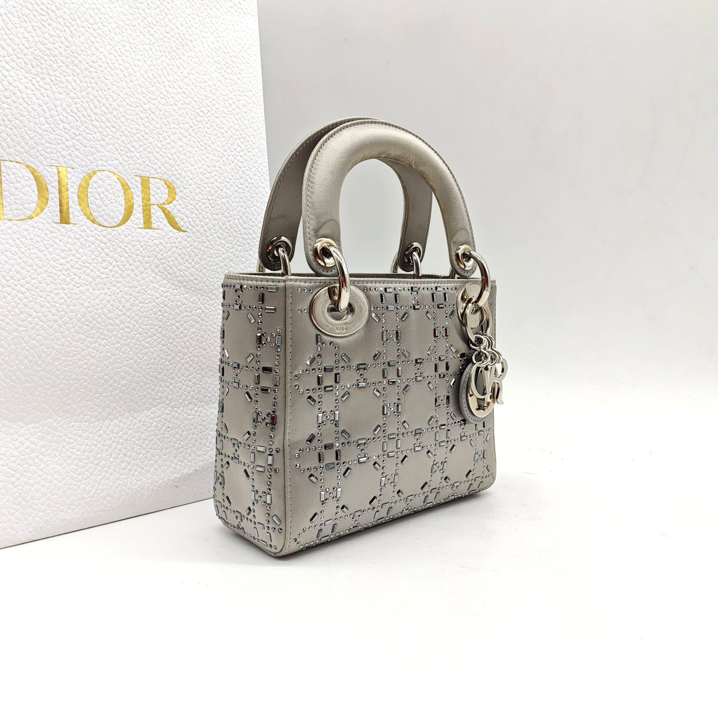 Dior - Lady Dior Mini - Satin with Rhinestone Embellishments - Grey - (mini)