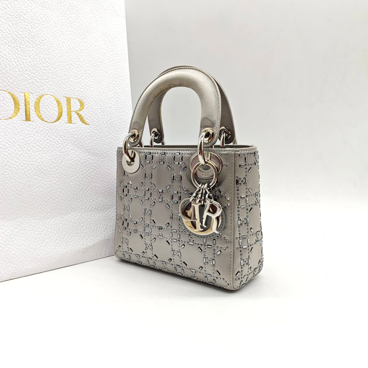 Dior - Lady Dior Mini - Satin with Rhinestone Embellishments - Grey - (mini)
