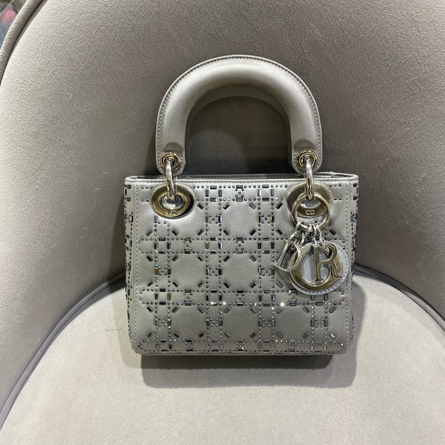 Dior - Lady Dior Mini - Satin with Rhinestone Embellishments - Grey - (mini)