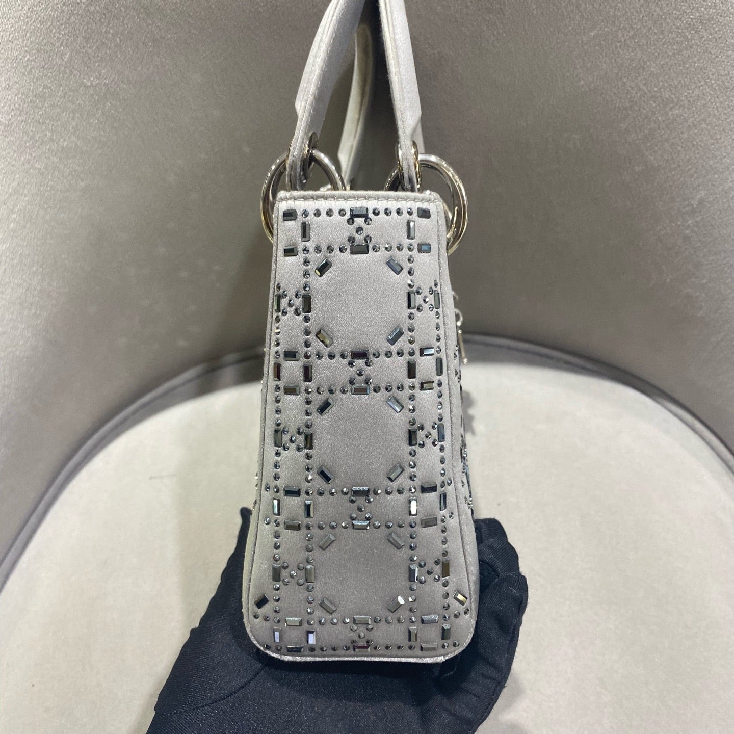 Dior - Lady Dior Mini - Satin with Rhinestone Embellishments - Grey - (mini)