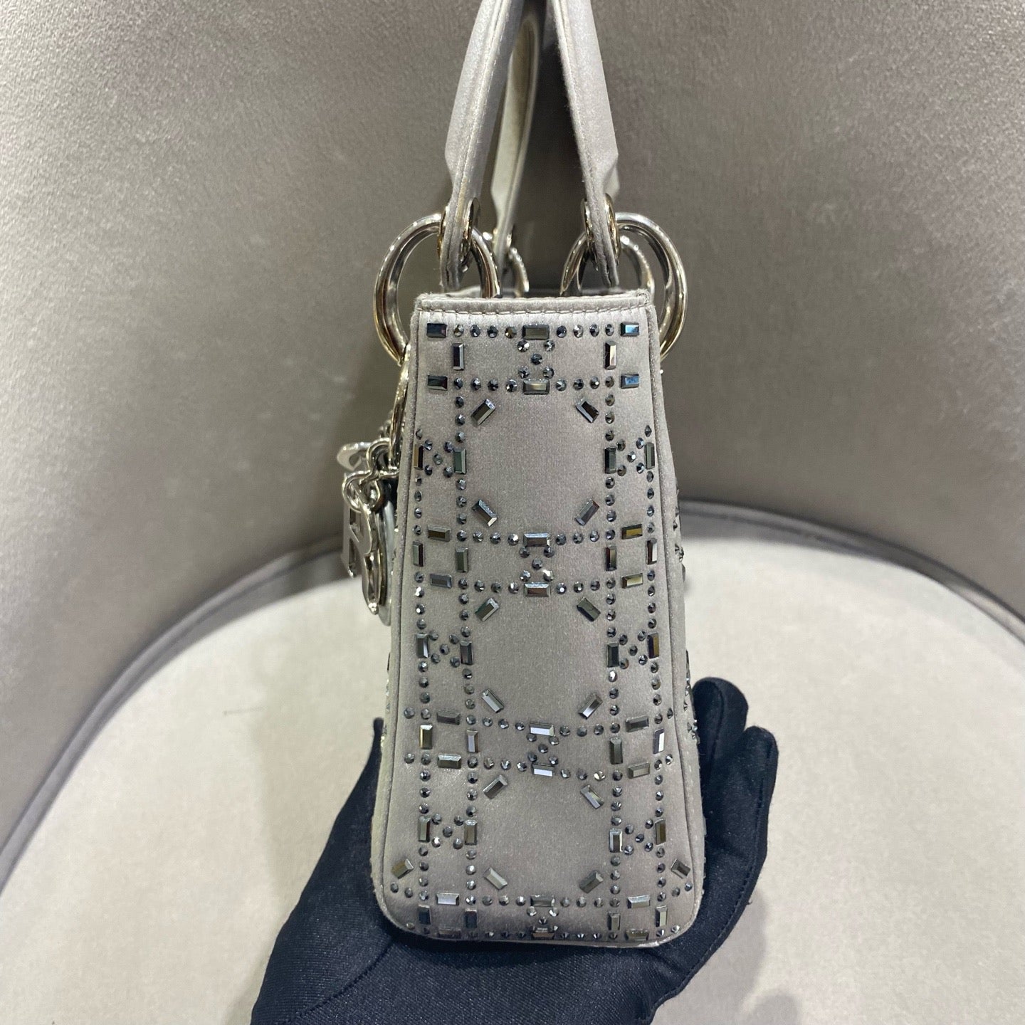 Dior - Lady Dior Mini - Satin with Rhinestone Embellishments - Grey - (mini)