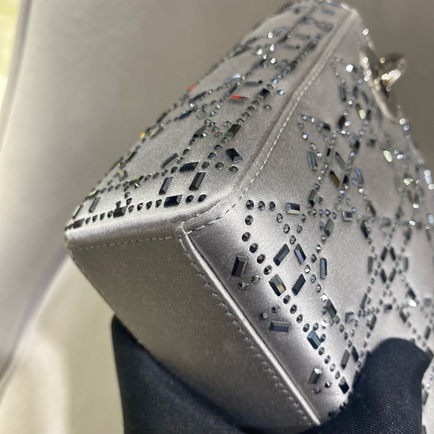 Dior - Lady Dior Mini - Satin with Rhinestone Embellishments - Grey - (mini)