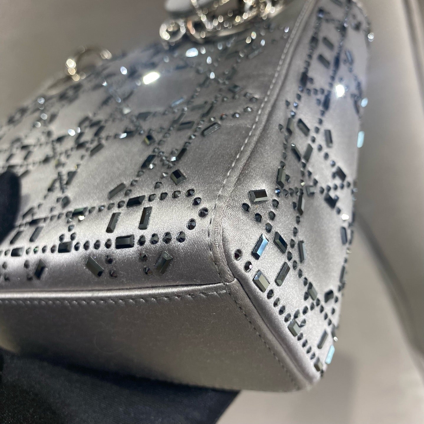 Dior - Lady Dior Mini - Satin with Rhinestone Embellishments - Grey - (mini)
