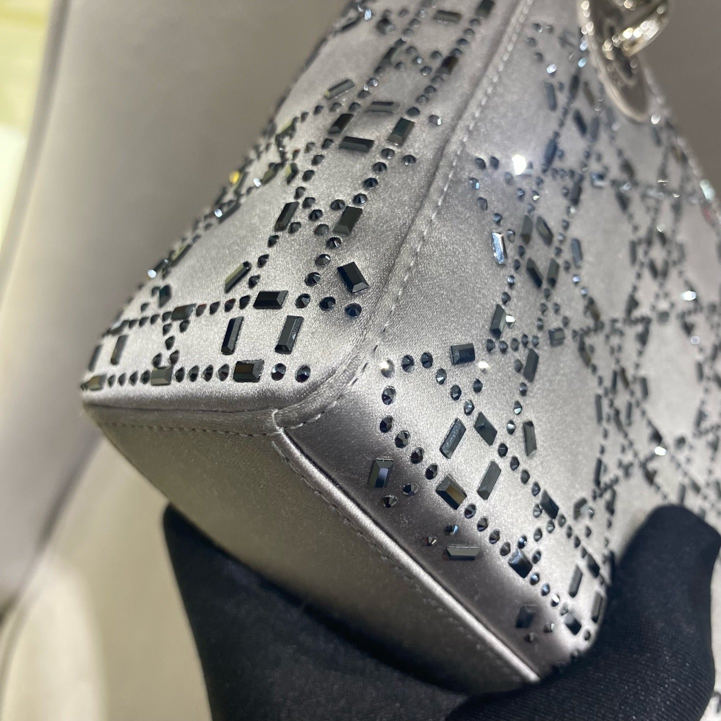 Dior - Lady Dior Mini - Satin with Rhinestone Embellishments - Grey - (mini)