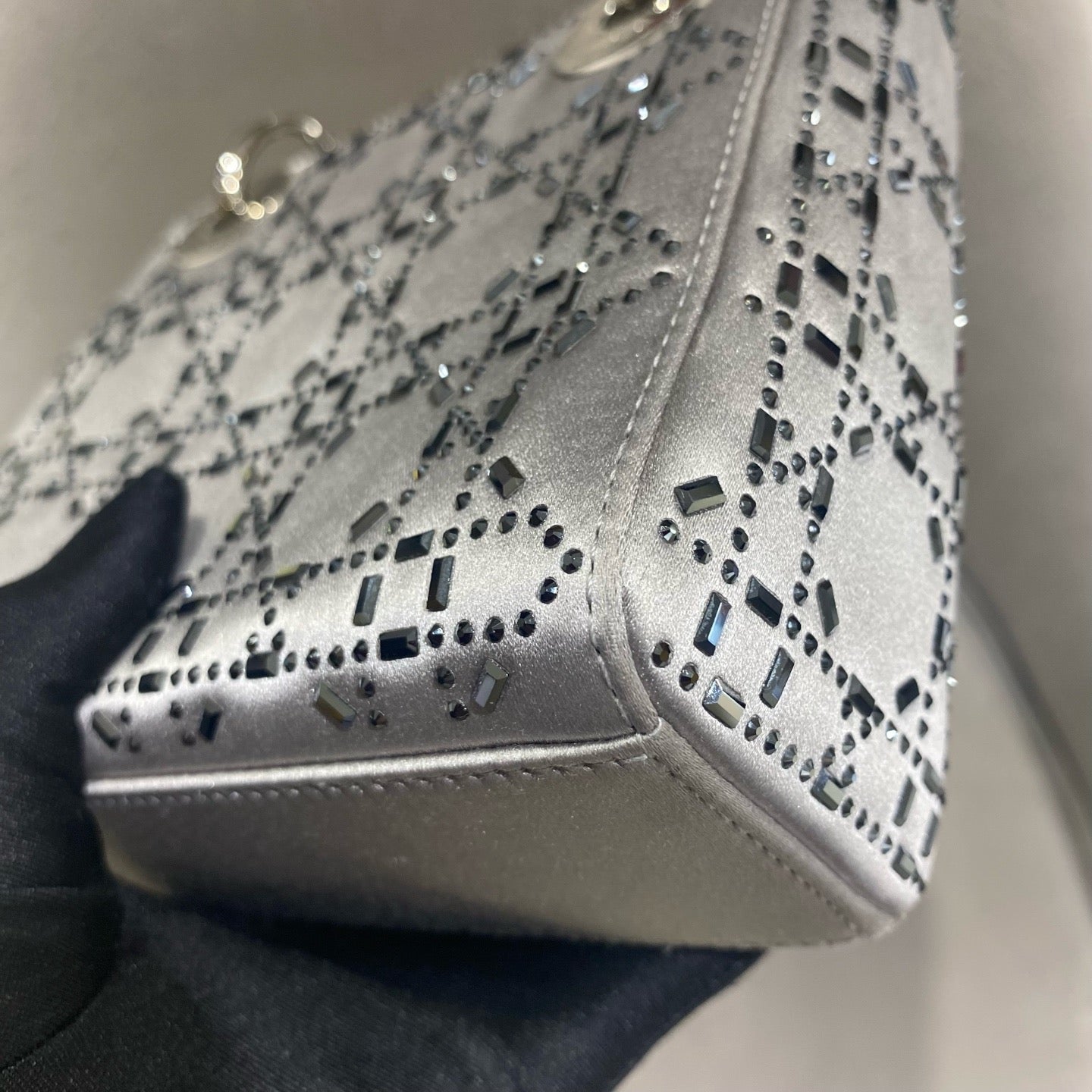Dior - Lady Dior Mini - Satin with Rhinestone Embellishments - Grey - (mini)
