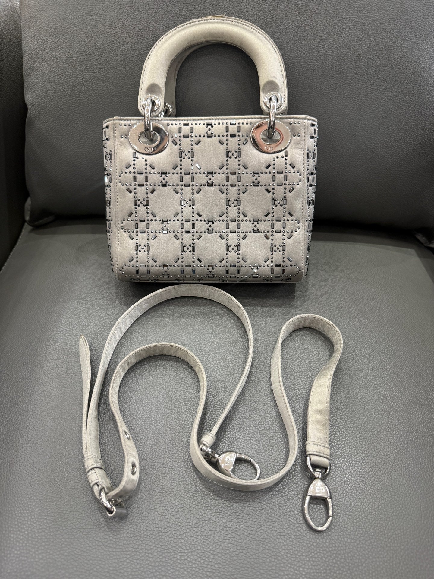 Dior - Lady Dior - Silk satin with crystal embellishments - Grey - (Mini)