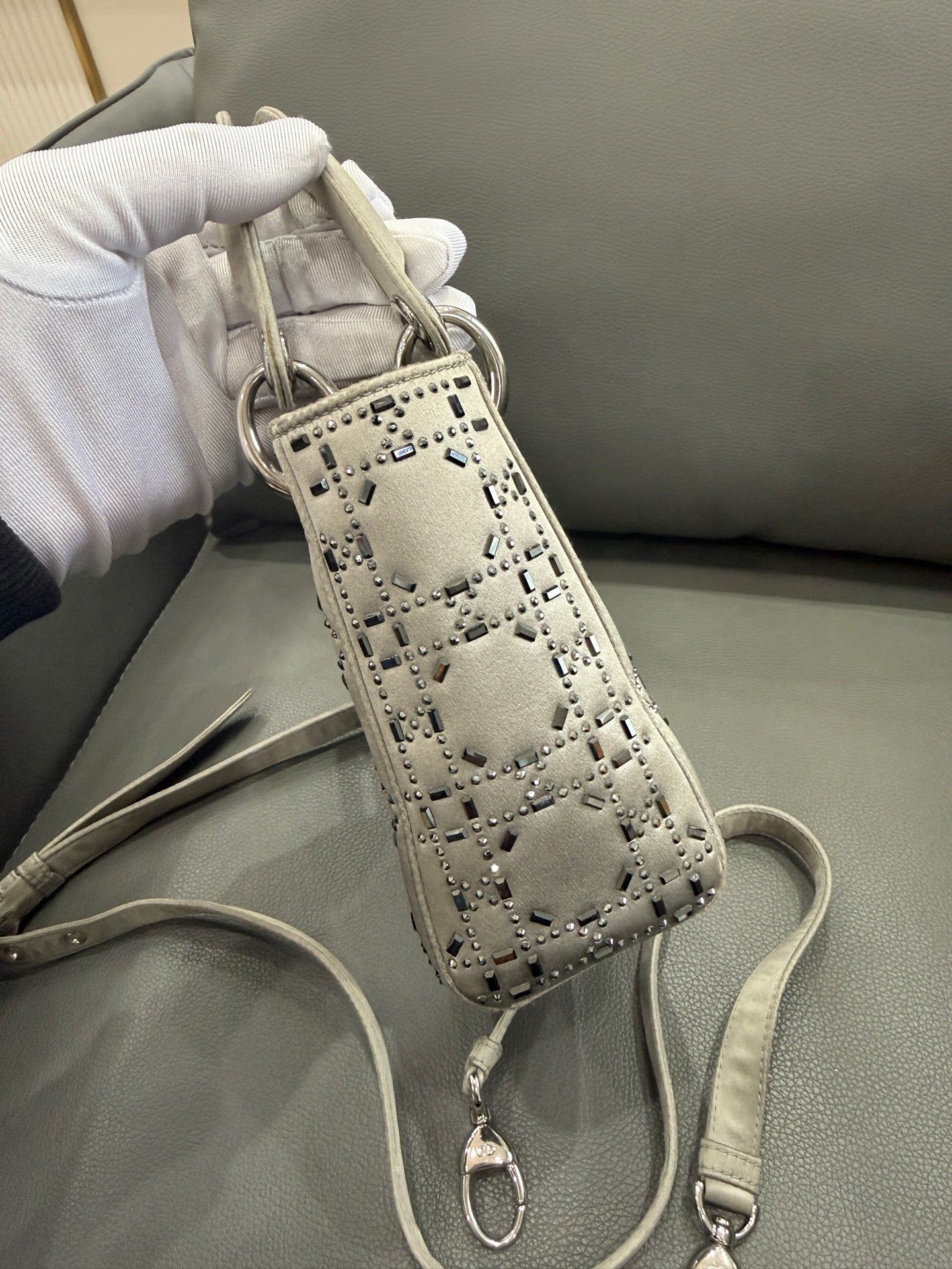 Dior - Lady Dior - Silk satin with crystal embellishments - Grey - (Mini)