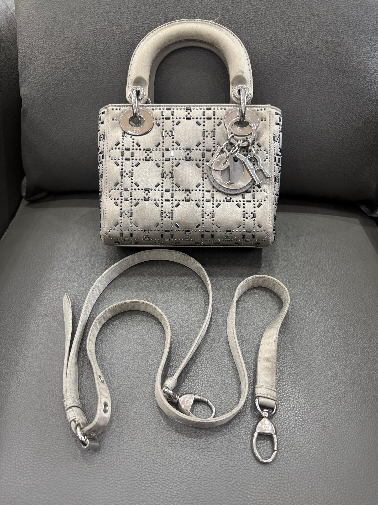 Dior - Lady Dior - Silk satin with crystal embellishments - Grey - (Mini)