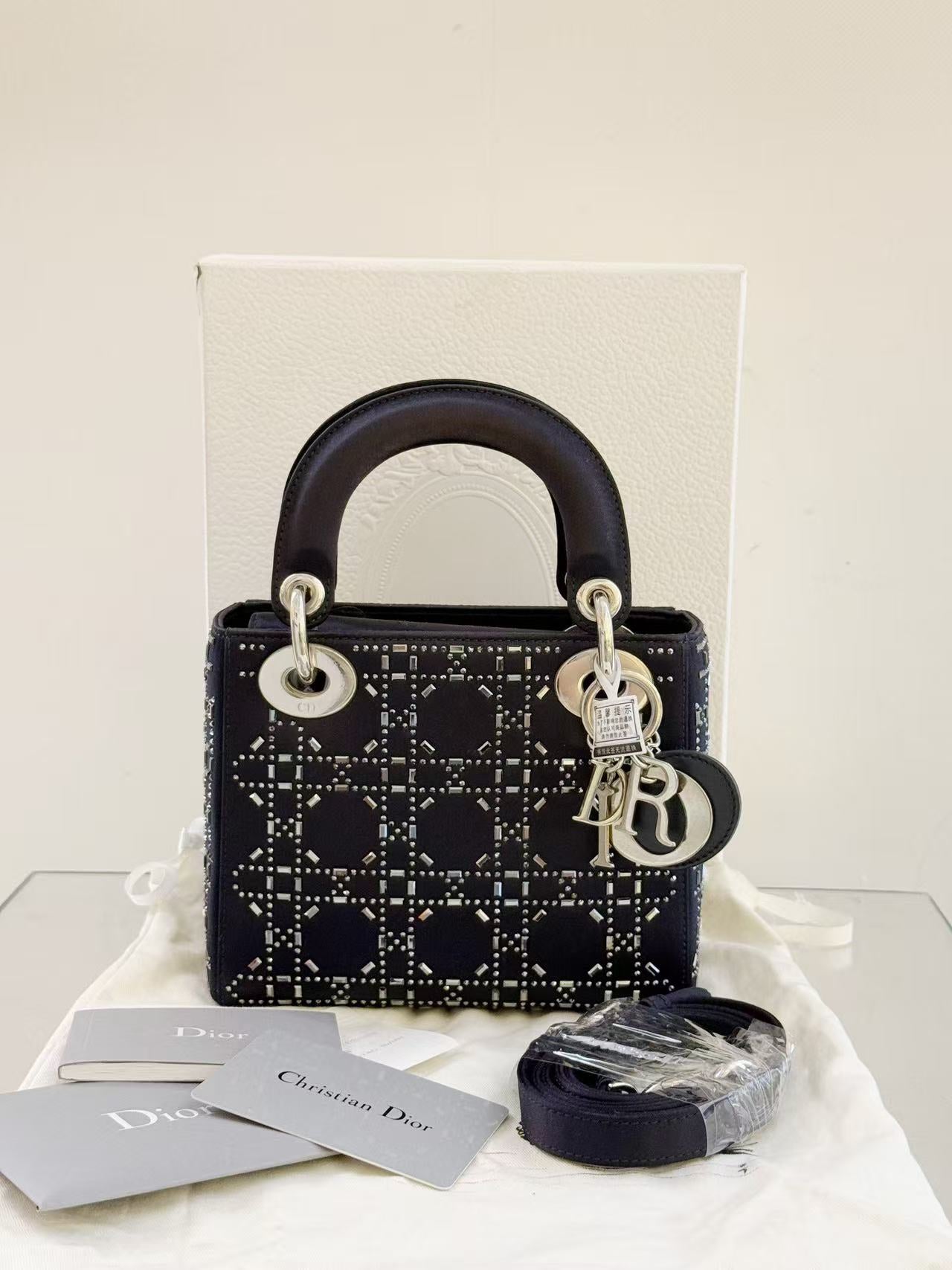 Dior - Lady Dior - Silk satin with rhinestone embellishments - Navy - (Mini)