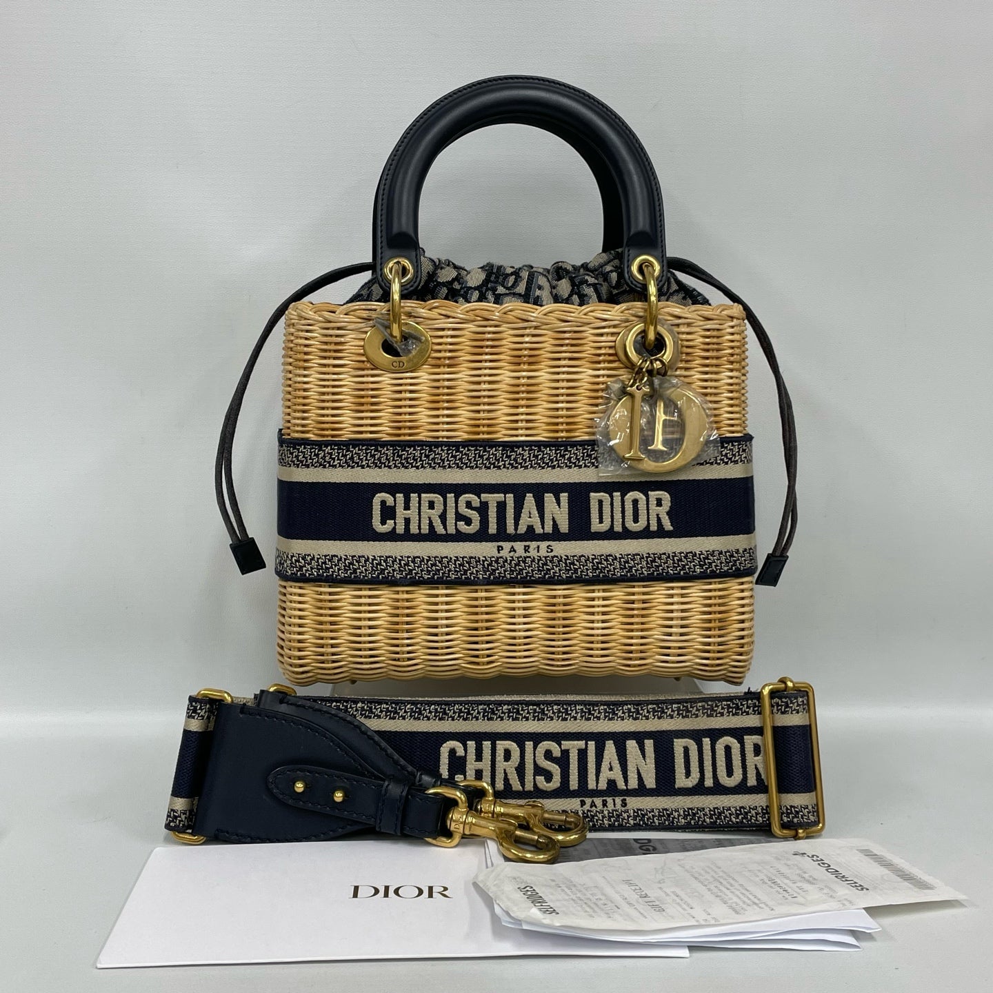 Dior - Lady Dior Wicker - Wicker and leather with embroidered canvas - Natural Wicker with Blue and Black accents - (medium)