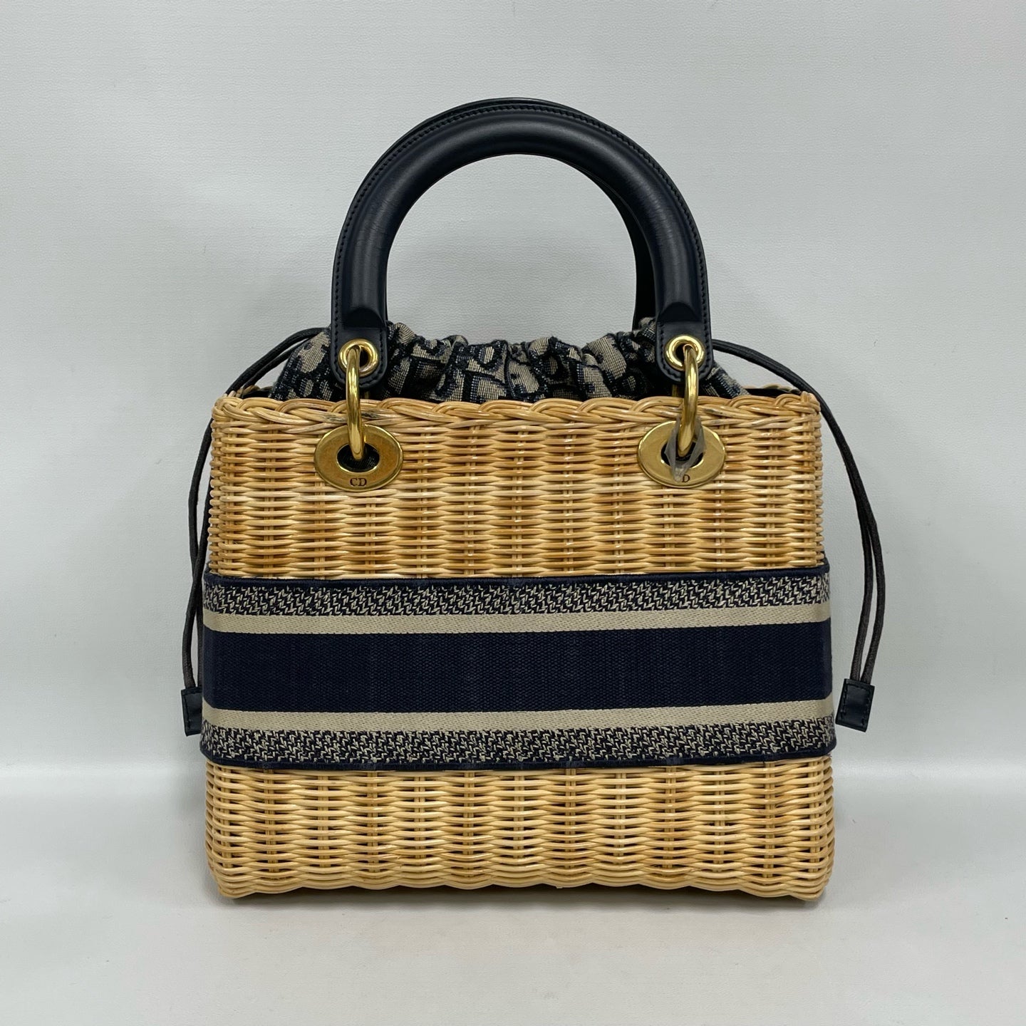 Dior - Lady Dior Wicker - Wicker and leather with embroidered canvas - Natural Wicker with Blue and Black accents - (medium)
