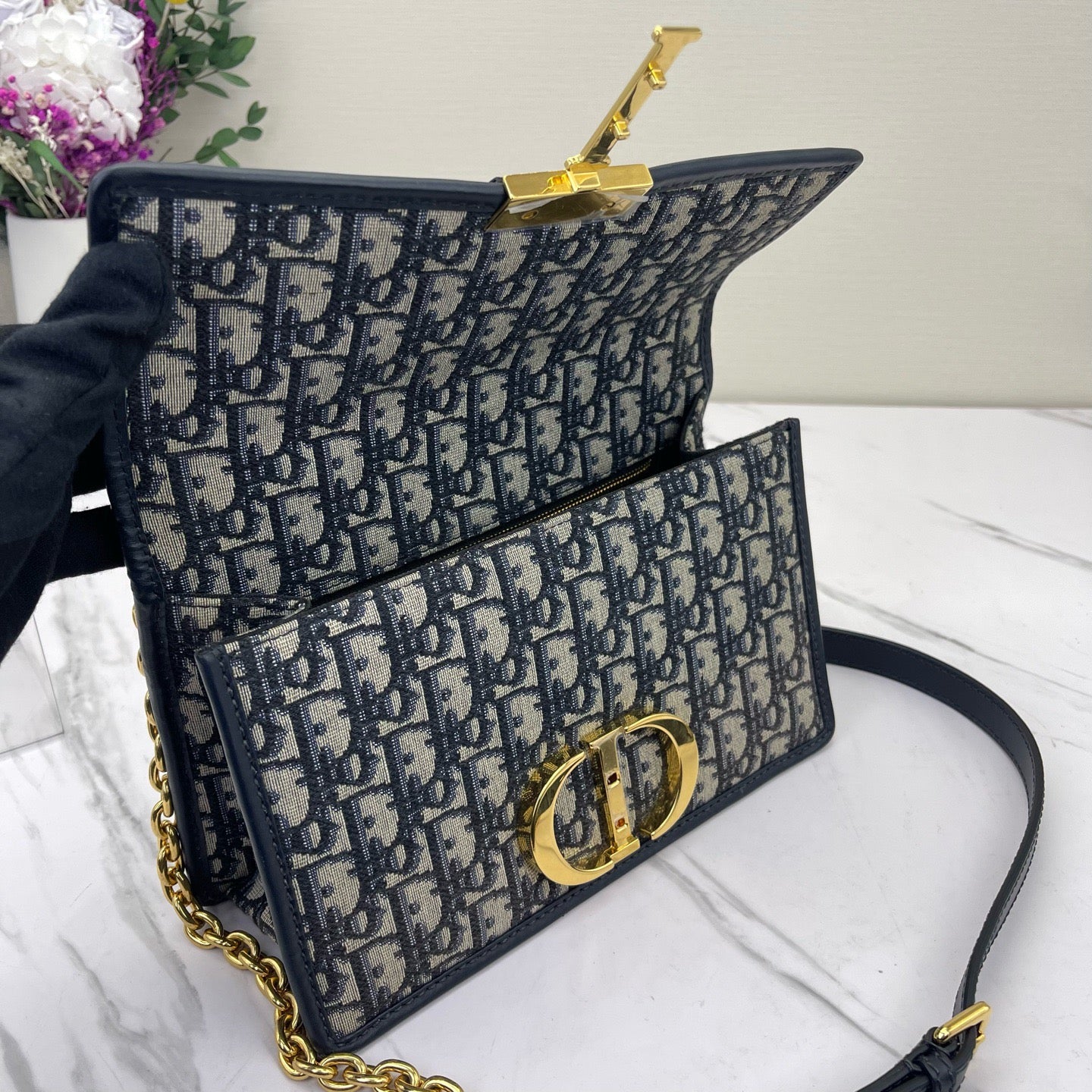 Dior - Montaigne 30 - Dior Oblique canvas with navy leather trim - Navy - (small)