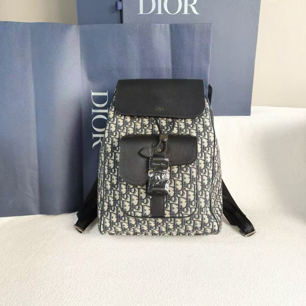 Dior - Oblique Backpack - Embroidered canvas and black cowhide leather - Blue and Black - (large)