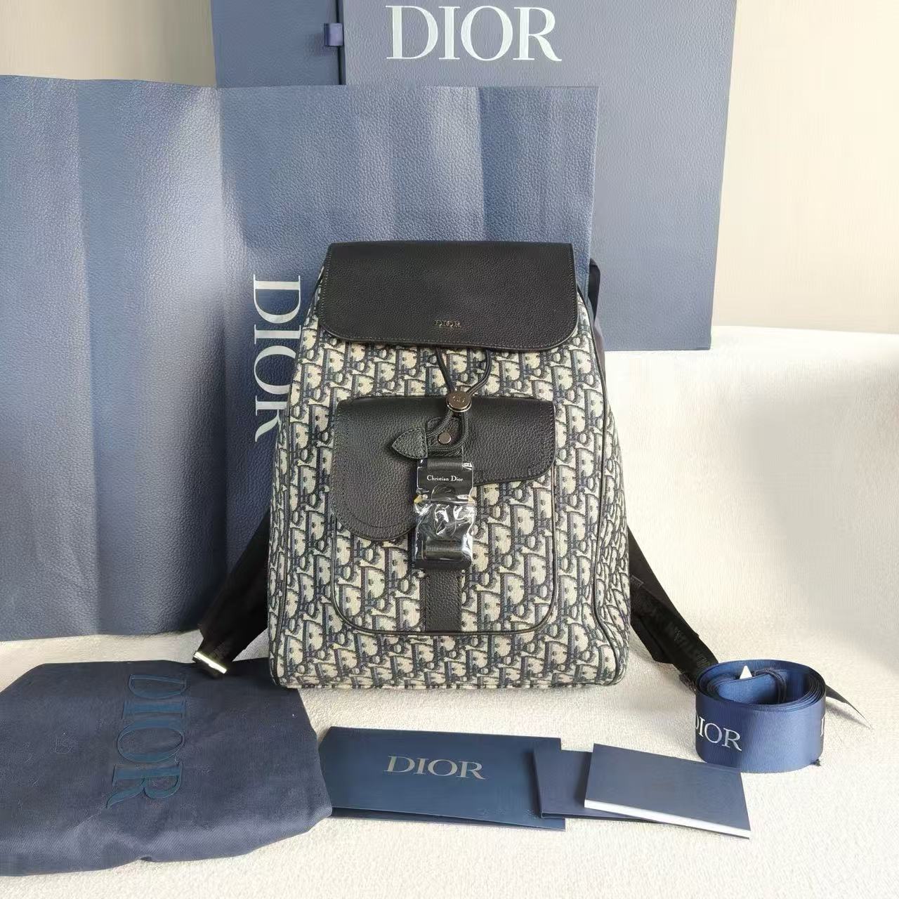 Dior - Oblique Backpack - Embroidered canvas and black cowhide leather - Blue and Black - (large)