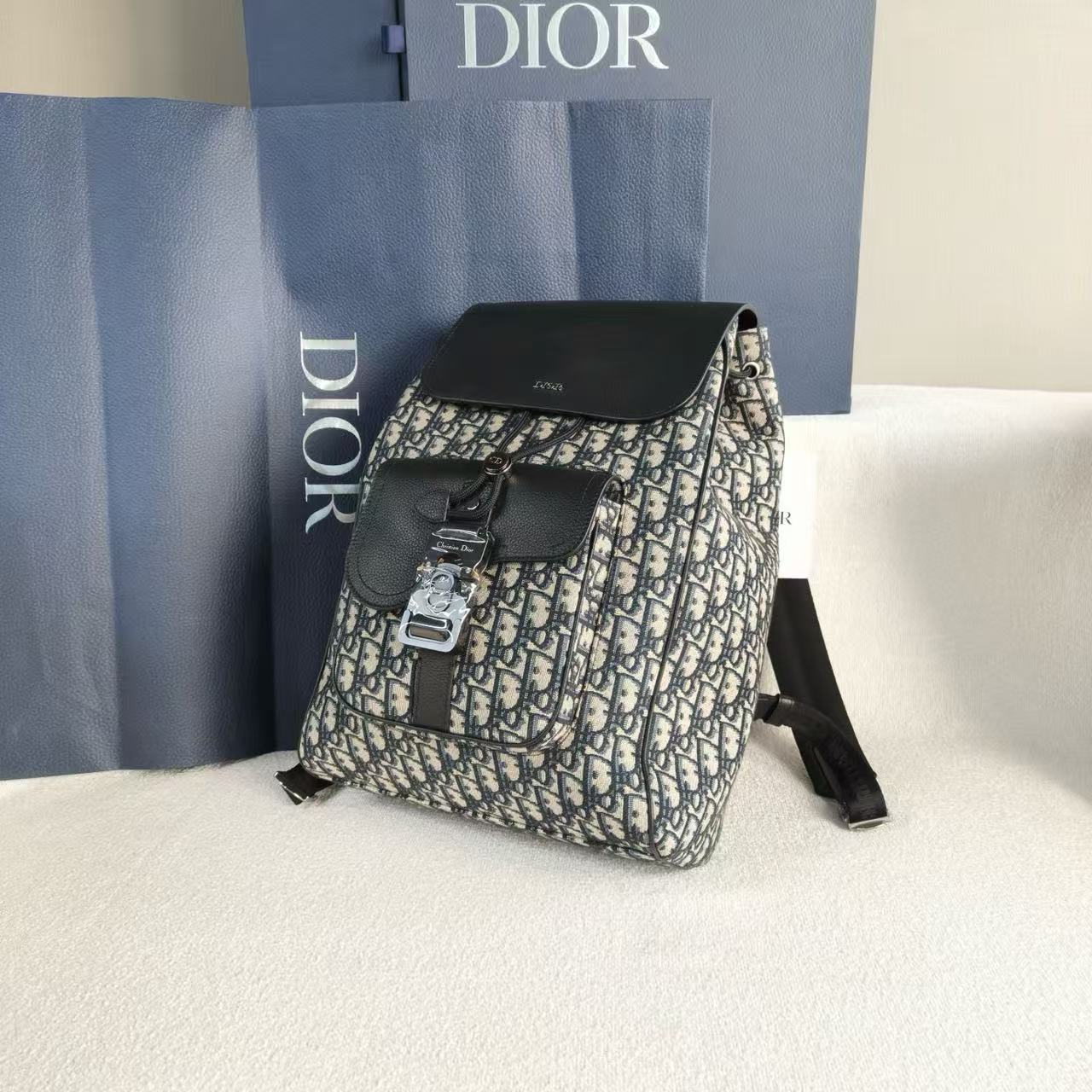 Dior - Oblique Backpack - Embroidered canvas and black cowhide leather - Blue and Black - (large)