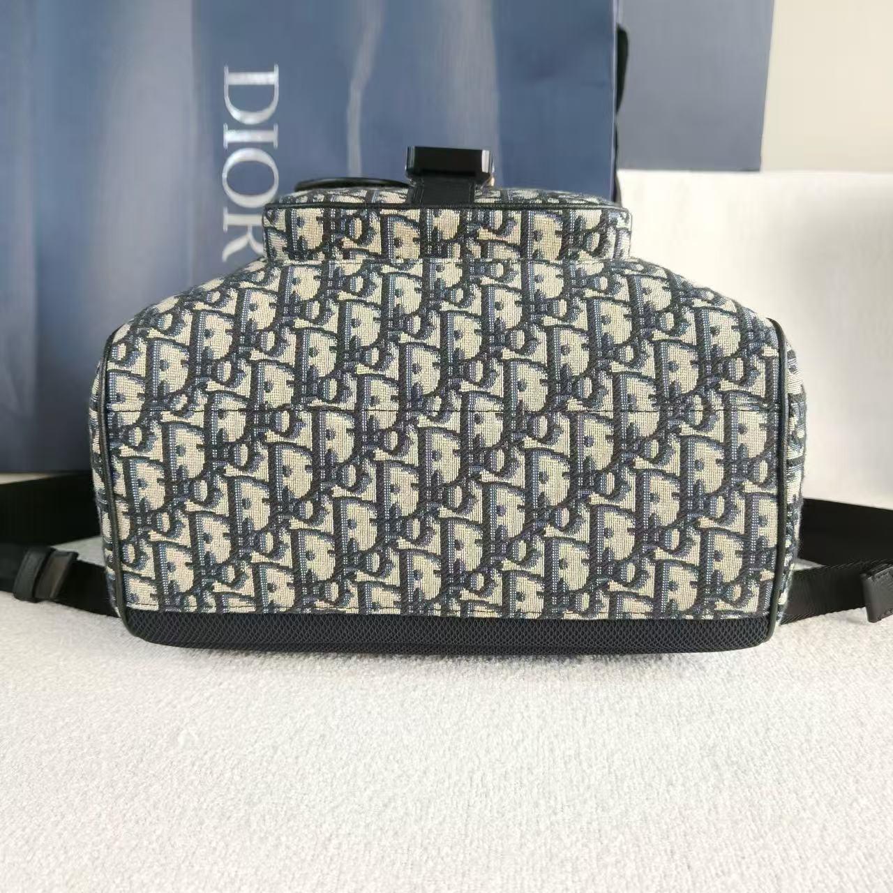 Dior - Oblique Backpack - Embroidered canvas and black cowhide leather - Blue and Black - (large)