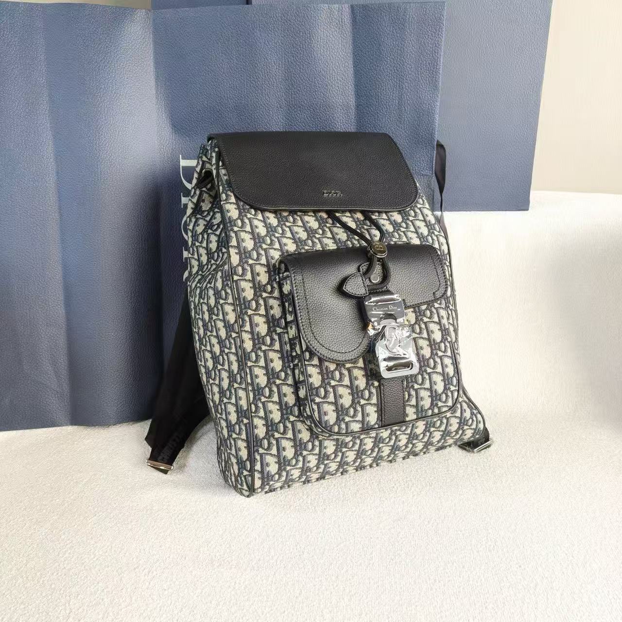 Dior - Oblique Backpack - Embroidered canvas and black cowhide leather - Blue and Black - (large)