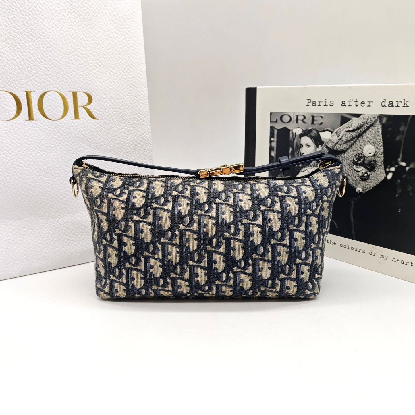 Dior - Oblique Embroidery Lunchbox Bag - Embroidered canvas with leather trim - Navy and Beige with Gold-Tone Hardware - (Mini)