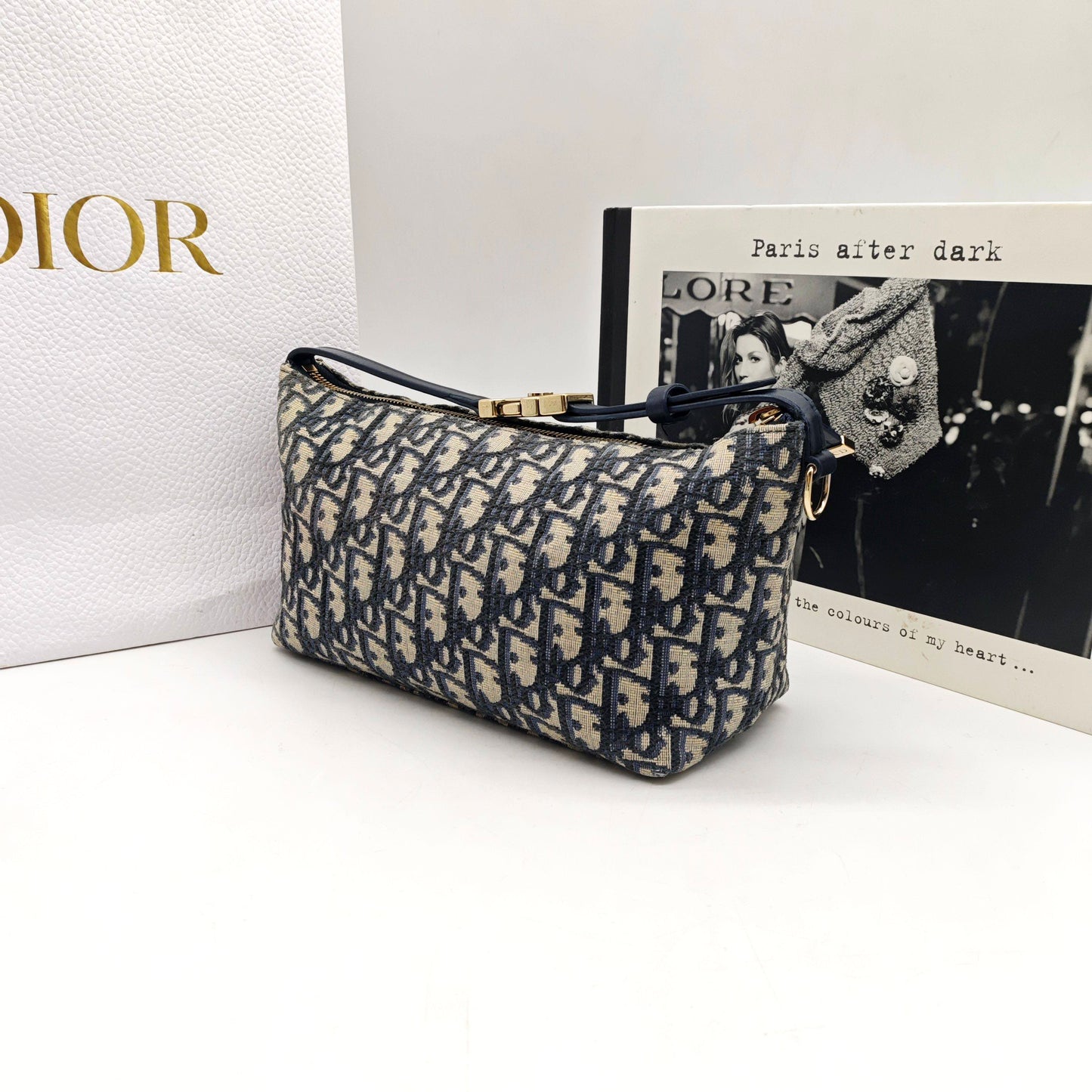Dior - Oblique Embroidery Lunchbox Bag - Embroidered canvas with leather trim - Navy and Beige with Gold-Tone Hardware - (Mini)
