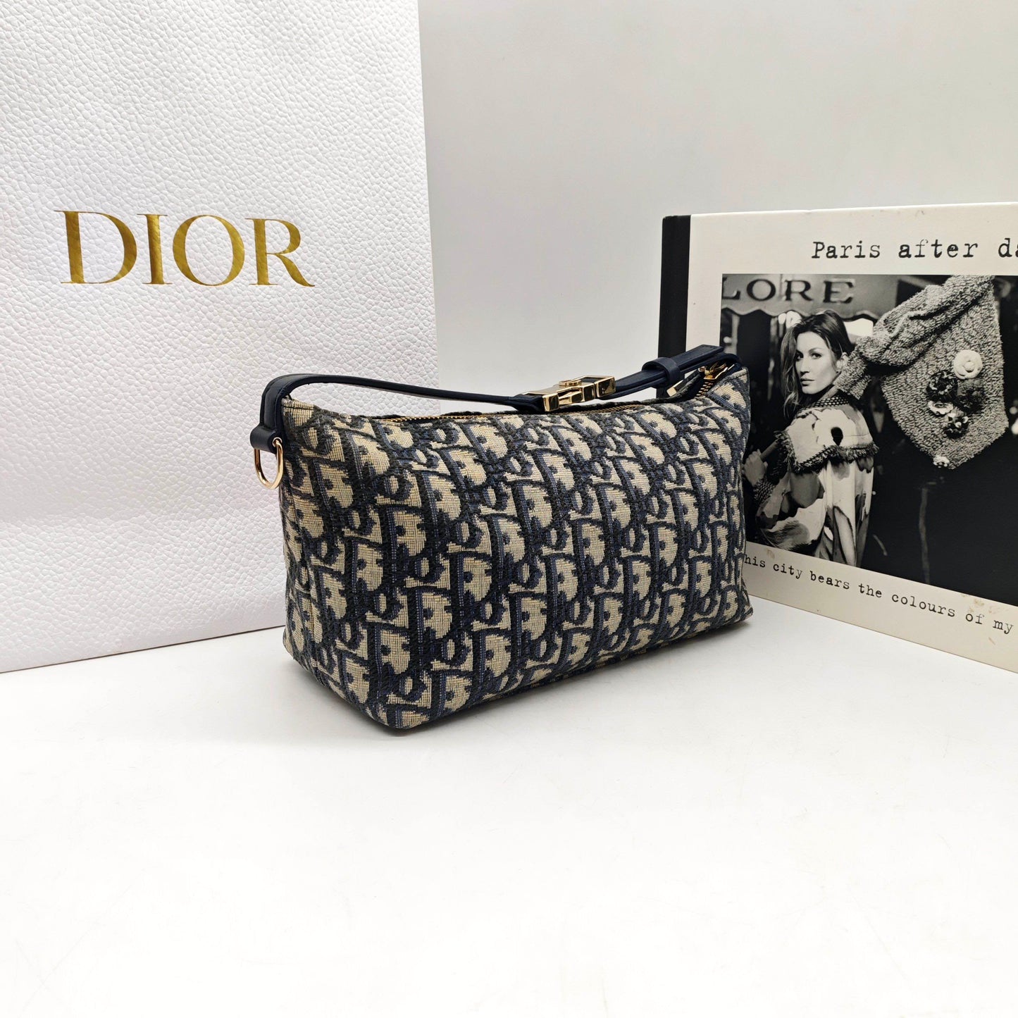 Dior - Oblique Embroidery Lunchbox Bag - Embroidered canvas with leather trim - Navy and Beige with Gold-Tone Hardware - (Mini)