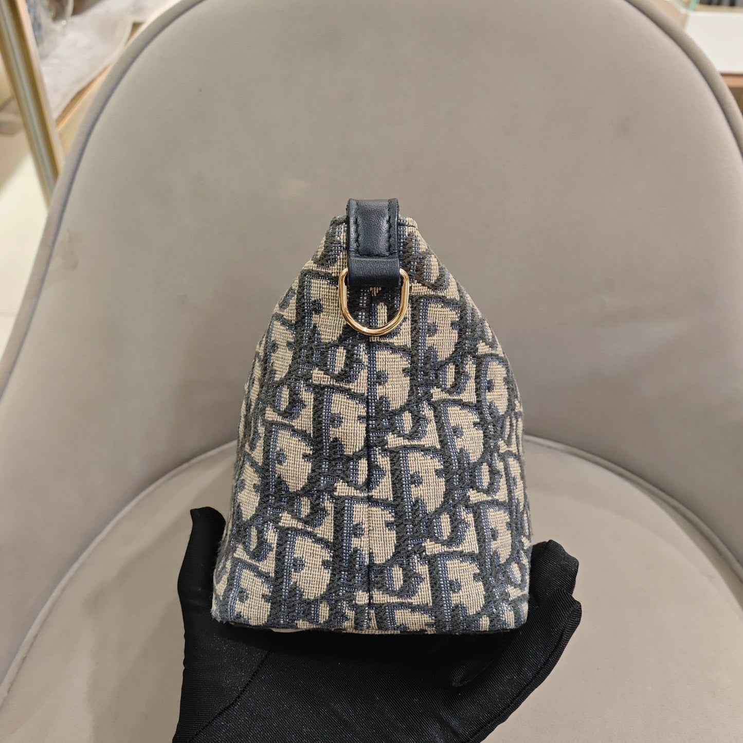 Dior - Oblique Embroidery Lunchbox Bag - Embroidered canvas with leather trim - Navy and Beige with Gold-Tone Hardware - (Mini)