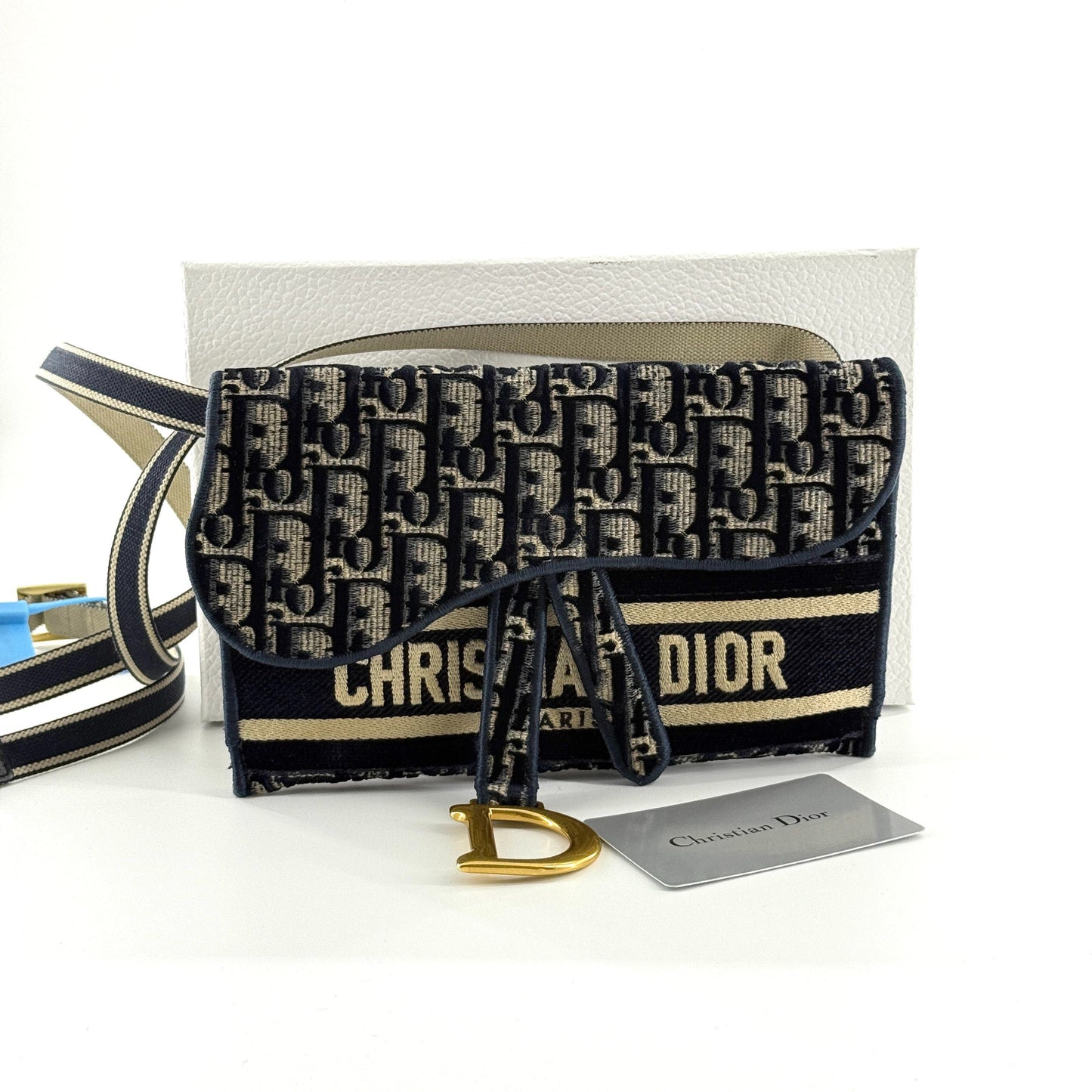 Dior - Oblique Saddle Waist Bag - Oblique canvas with embroidery - Navy with Beige accents - (mini)