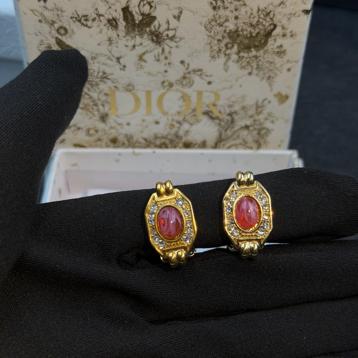 Dior - Other - Gold-tone base metal with pink cabochons and clear rhinestone accents. - Multicolour