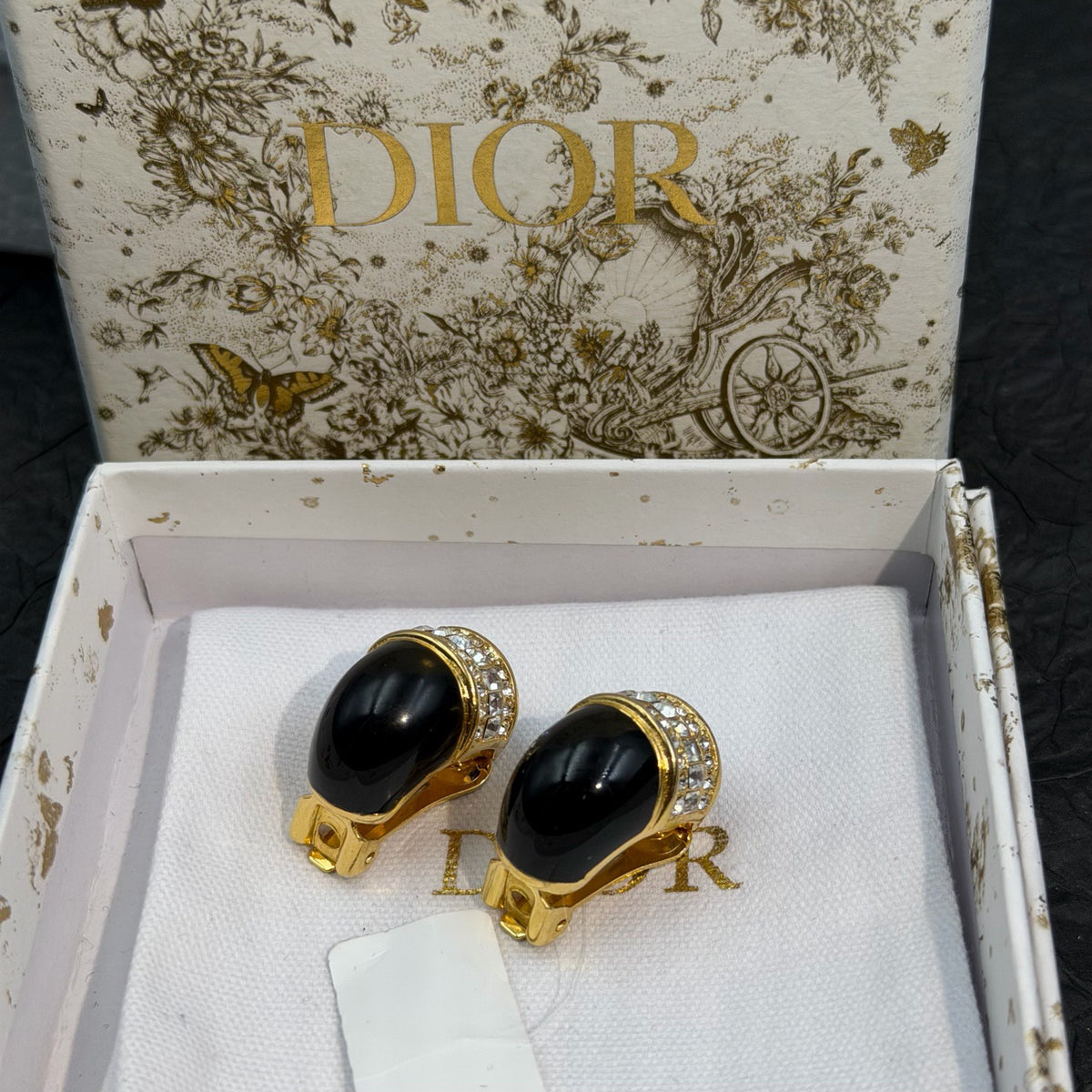 Dior - Other - Gold-tone metal with black enamel and clear rhinestone embellishments. - Black