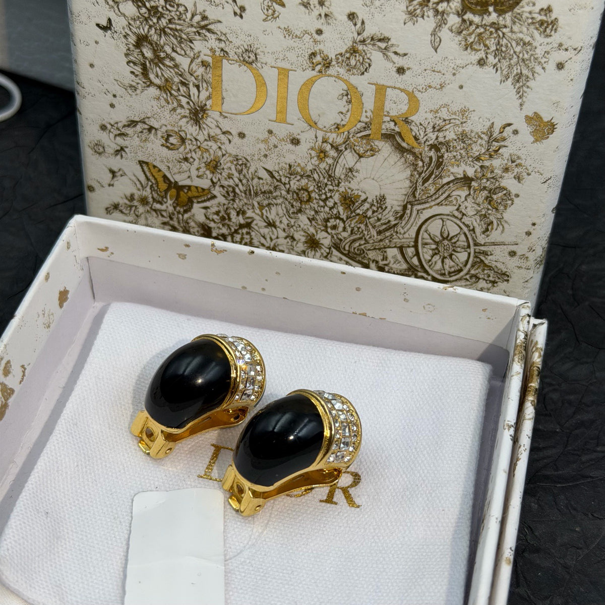 Dior - Other - Gold-tone metal with black enamel and clear rhinestone embellishments. - Black