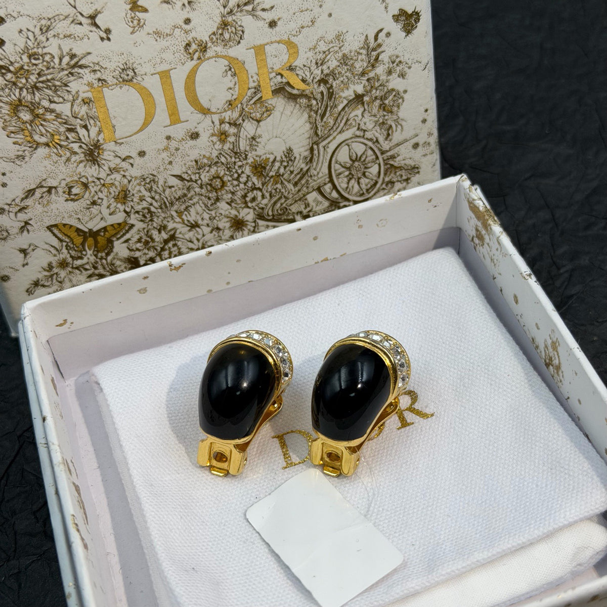 Dior - Other - Gold-tone metal with black enamel and clear rhinestone embellishments. - Black