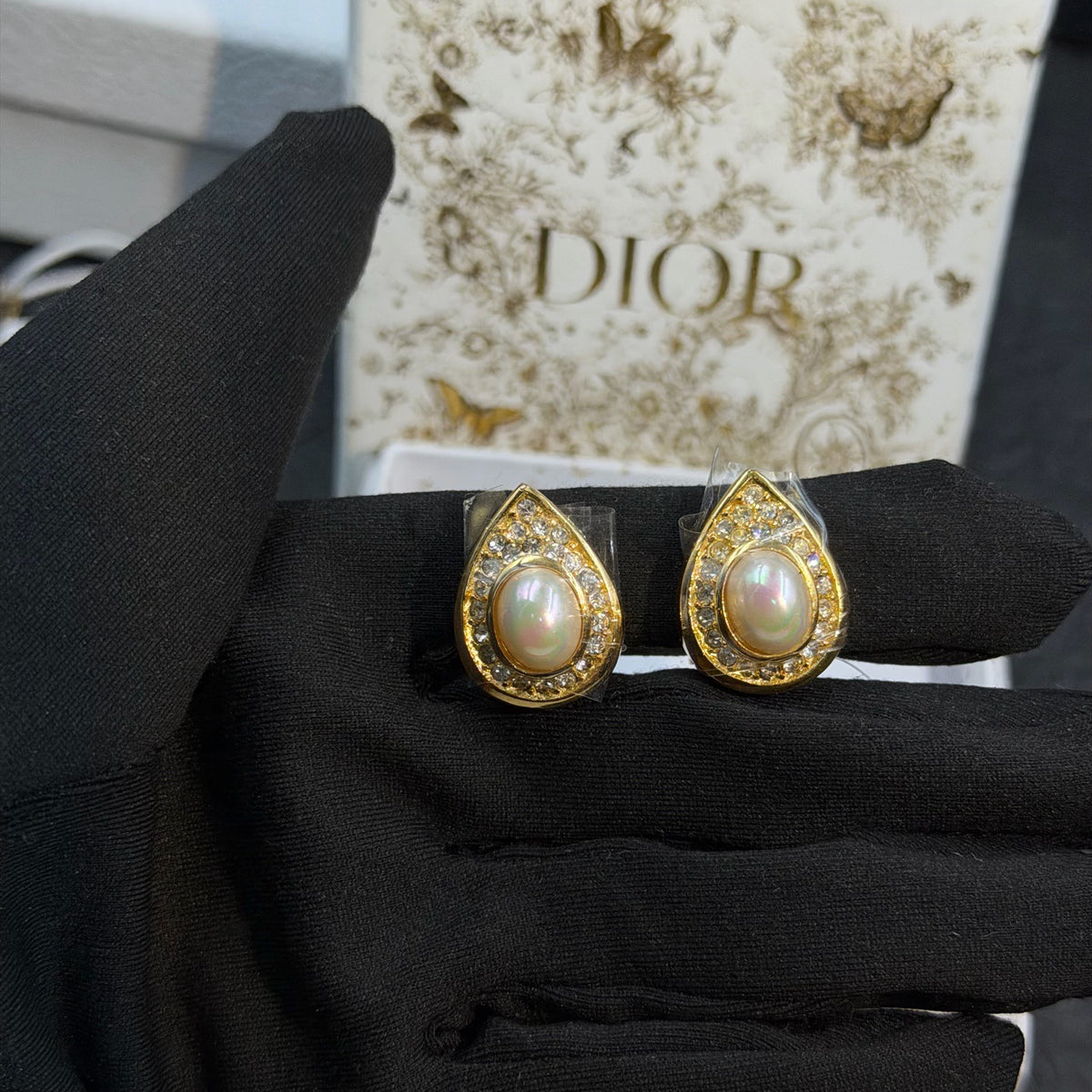 Dior - Other - Gold-tone metal with faux pearl cabochons and clear crystal or rhinestone accents. - Gold