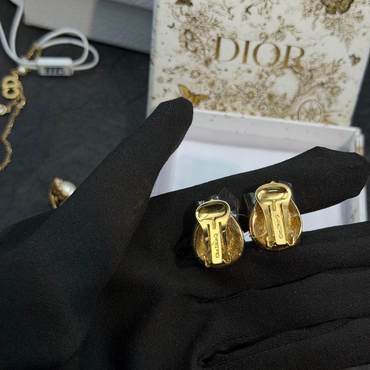 Dior - Other - Gold-tone metal with faux pearl cabochons and clear crystal or rhinestone accents. - Gold