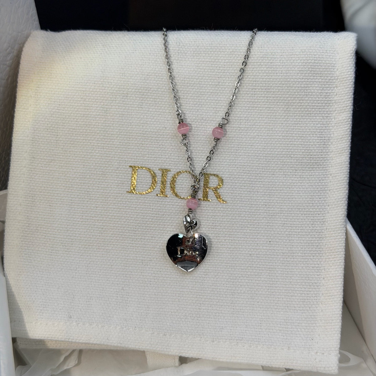 Dior - Other - Silver-tone metal with pink beads; bead material is unknown. - Multicolour