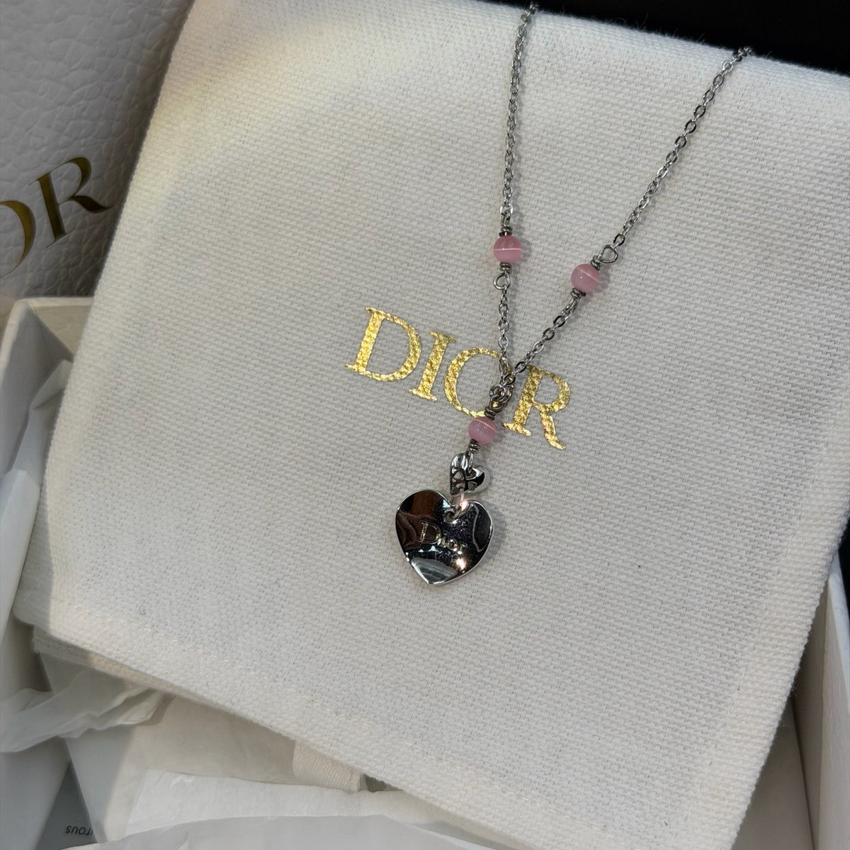 Dior - Other - Silver-tone metal with pink beads; bead material is unknown. - Multicolour