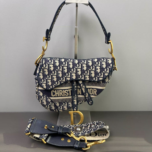 Dior - Saddle Bag - Embroidered Canvas - Blue with Gold-Tone Hardware - (small)