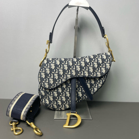 Dior - Saddle Bag - Embroidered canvas with leather trim - Blue - (medium)