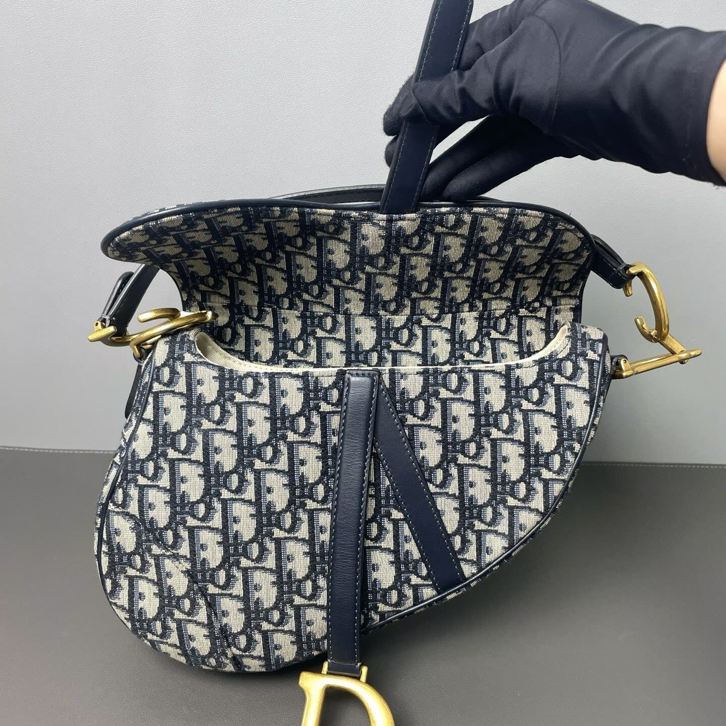 Dior - Saddle Bag - Embroidered canvas with leather trim - Blue - (medium)