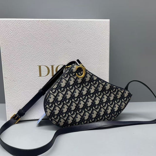 Dior - Saddle Bag - Embroidered canvas with leather trim - Navy and Beige with Gold-Tone Hardware - (mini)