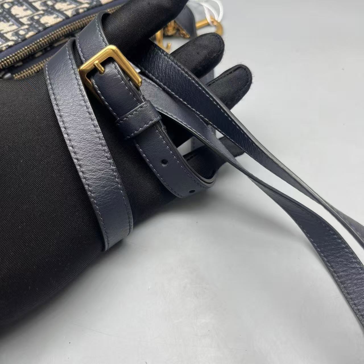 Dior - Saddle Bag - Embroidered canvas with leather trim - Navy and Beige with Gold-Tone Hardware - (mini)