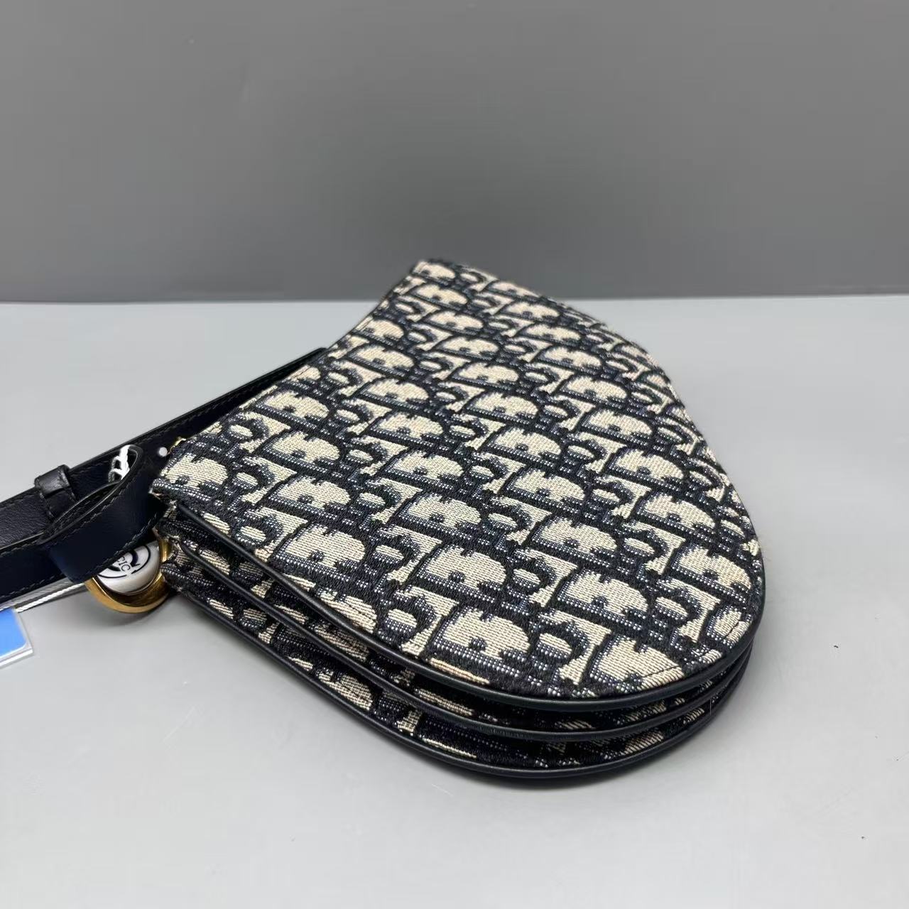 Dior - Saddle Bag - Embroidered canvas with leather trim - Navy and Beige with Gold-Tone Hardware - (mini)