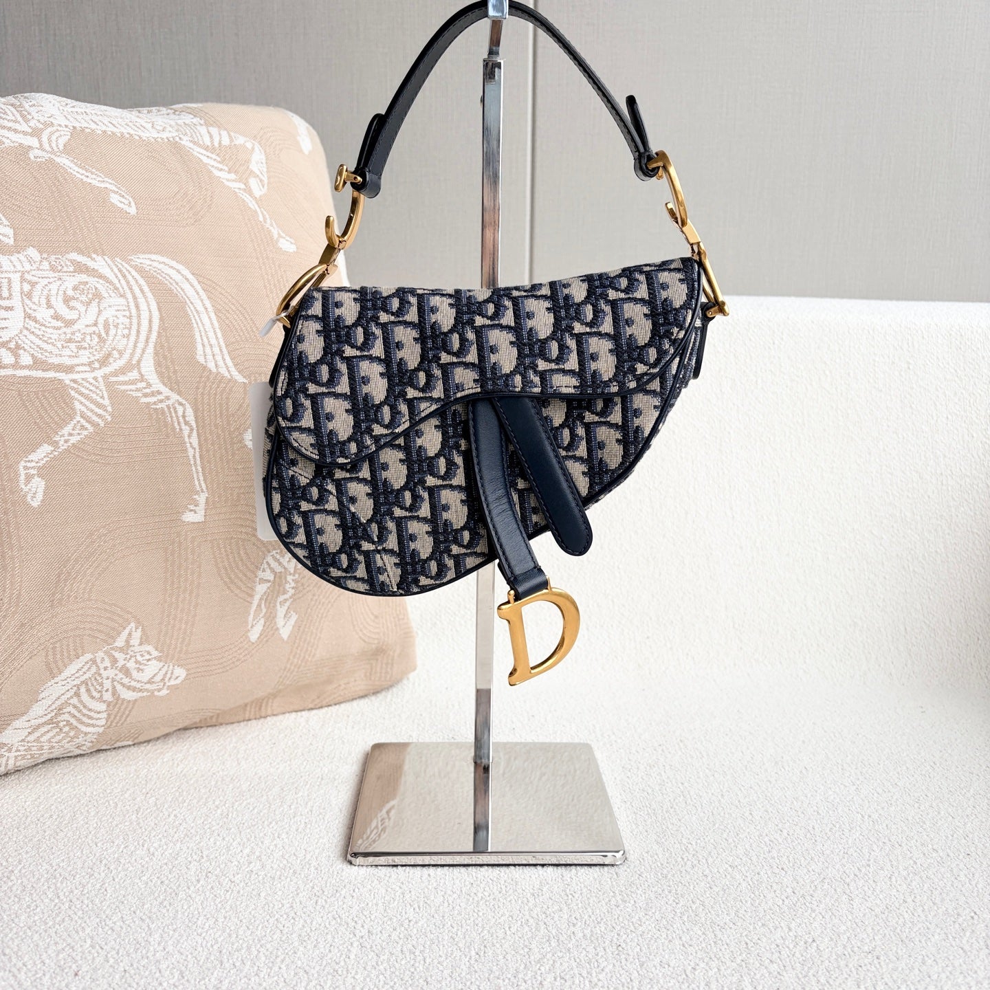 Dior - Saddle Bag - Embroidered canvas with leather trim - Navy - (Small)