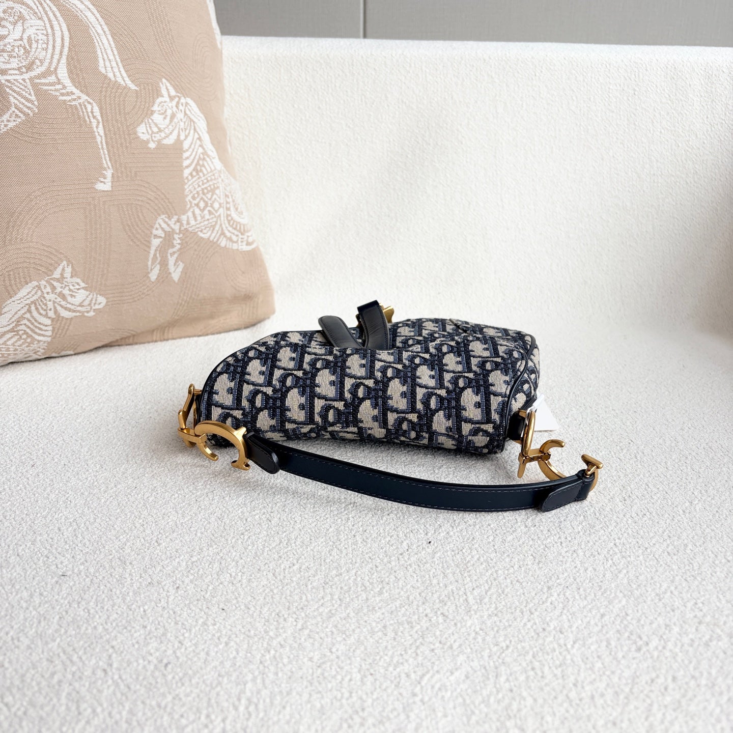 Dior - Saddle Bag - Embroidered canvas with leather trim - Navy - (Small)