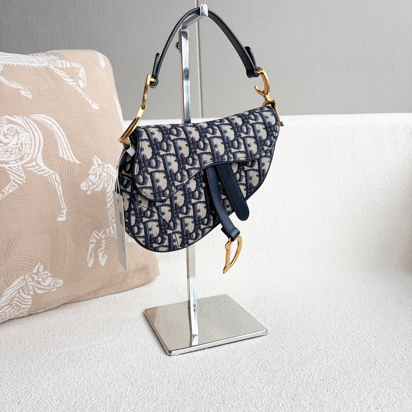 Dior - Saddle Bag - Embroidered canvas with leather trim - Navy - (Small)