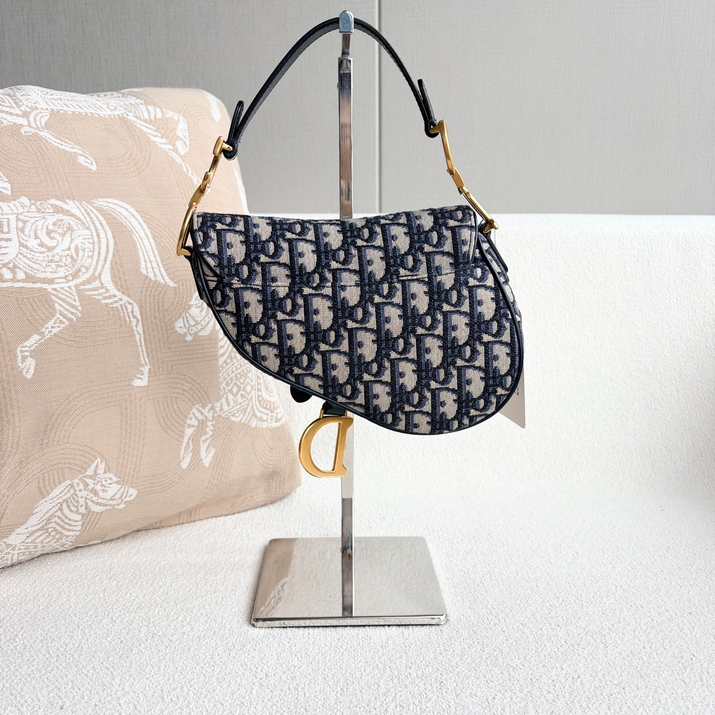 Dior - Saddle Bag - Embroidered canvas with leather trim - Navy - (Small)